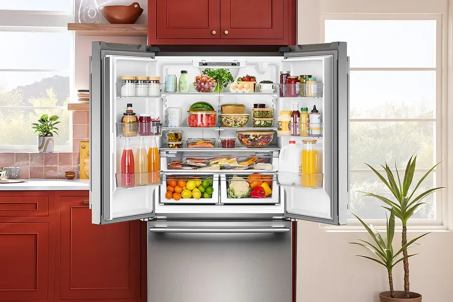KitchenAid KRFF136SPS french door fridge with ExtendFresh System and adjustable racks for organized food storage.
